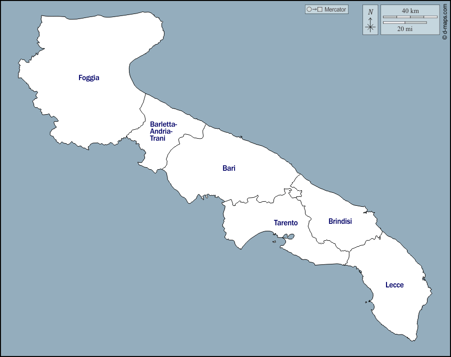 Mappa della Puglia con province selezionabili